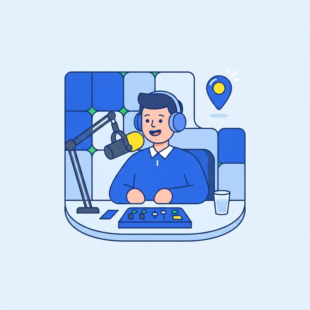 Ilustración de un locutor al aire en una cabina de radio con un marcador de ubicación